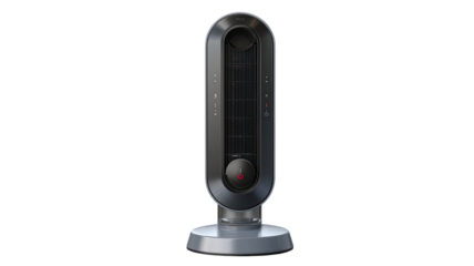 Modern, gray, tower-style heater with adjustable settings