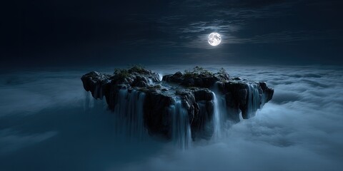 A high contrast night scene of a rocky floating island with glowing waterfalls falling into the endless clouds below, the full moon casting dramatic light and shadows