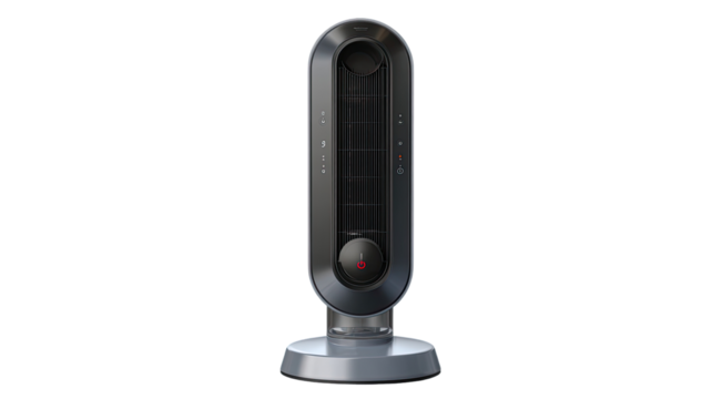 Modern, gray, tower-style heater with adjustable settings