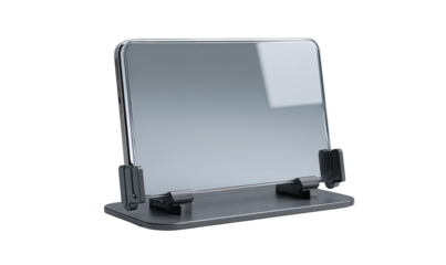 Gray tablet stand with clear screen.  A rectangular, gray tablet stand.  The stand has a flat base and two adjustable supports.  A transparent screen sits on top