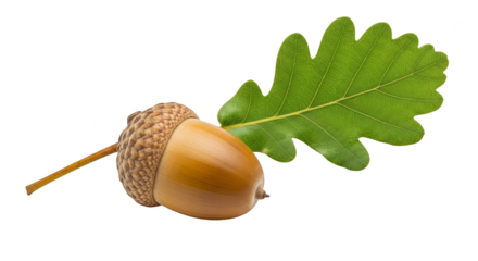 Autumnal acorn nestled by green leaf