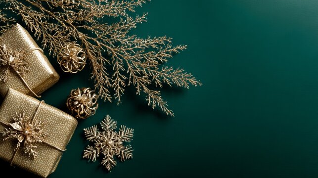 Elegant Emerald Green Holiday Still Life with Gold Decorations Presenting a Luxurious Festive Christmas Ambiance
