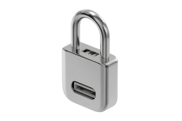A metallic, digitally-locked padlock, square body
