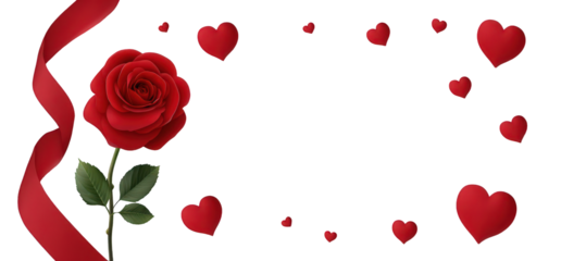 Red Rose with Hearts and Ribbon on Black Background