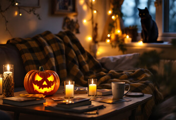 A cozy living room at dusk, with candles, garlands, a pumpkin, a plaid blanket on the couch, books, a mug of tea, tarot cards, a black cat, Halloween.