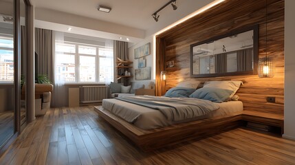 Obraz premium Warm and Inviting Bedroom with Wooden Accents and Natural Light