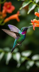 Obraz premium Vibrant hummingbird sips nectar from a trumpet vine flower in a garden