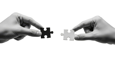 Connecting pieces hands unite black and white puzzles