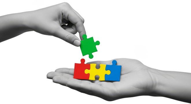 Completing puzzle pieces held by hands