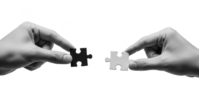 Connecting pieces hands unite black and white puzzles