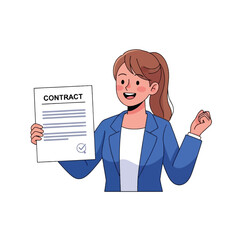 A happy businesswoman in a blue suit celebrates holding a signed contract, symbolizing a successful agreement.