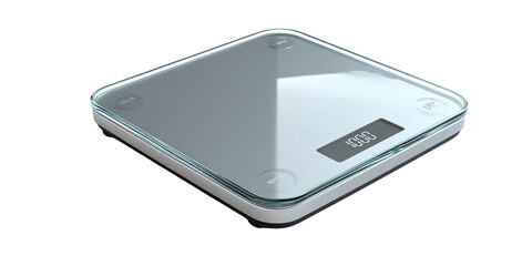 Modern, square kitchen scale with clear glass top