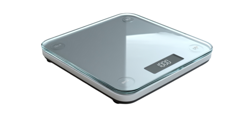 Modern, square kitchen scale with clear glass top