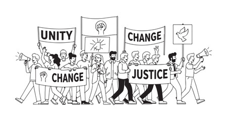 Obraz premium Diverse group of people marching together holding signs for unity justice and change