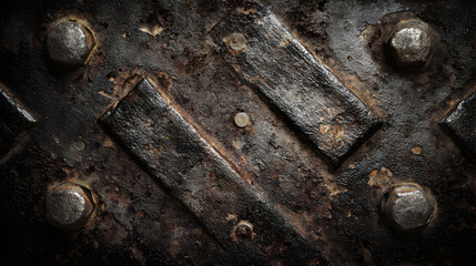 Close up textured abstract background of weathered distressed metal with rivets and a dark moody grunge aesthetic