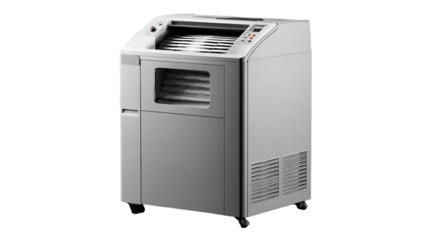 Light gray, upright document shredder.  Features multiple compartments, ventilation, and control panel