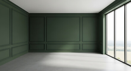 Obraz premium Elegant Dark Green Room Interior Design with Large Window
