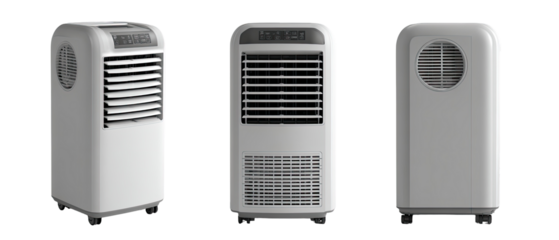 Three views of a portable, light gray, air conditioner