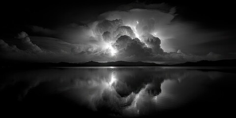 A high contrast night scene of a rocky floating island with glowing waterfalls falling into the endless clouds below, the full moon casting dramatic light and shadows