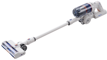 White cordless vacuum cleaner with blue accents.  A  portable, handheld vacuum with a long wand.  A  compact design, with a detachable brush.