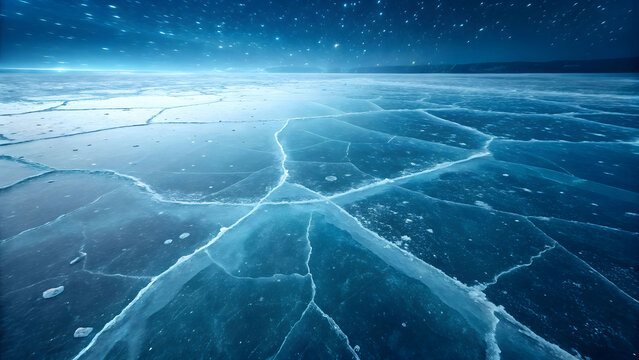 A vast, frozen expanse of cracked blue ice stretches towards a glowing horizon under a starry night sky.