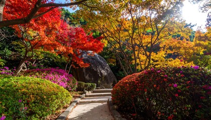 Naklejka premium Autumnal garden path through vibrant foliage
