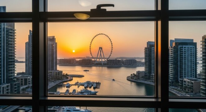 Urban Sunset Through Window Frame, Cityscape View of Modern Architecture