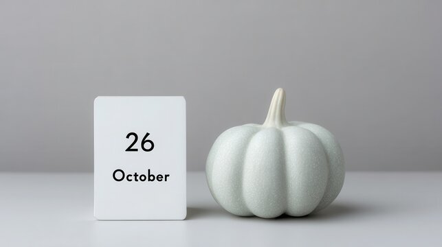 Minimalist desk calendar displaying October 26 alongside a soft white pumpkin for autumn-inspired decor. Halloween. National Pumpkin Day