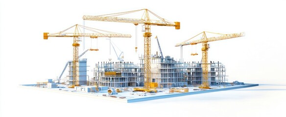 Fototapeta premium Construction site with building equipment isolated in white background. 3d working tower cranes in the city. Abstract polygonal concept of construction. 3D render illustrator