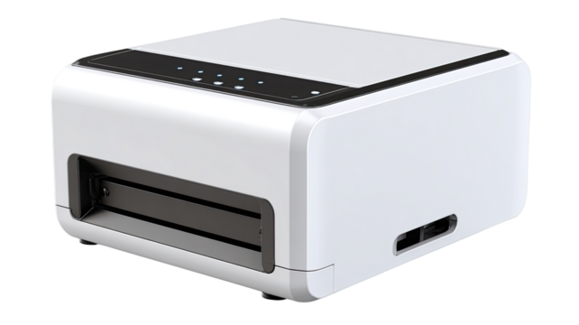 Sleek white label printer, showing front and side.  Modern, compact design with control panel