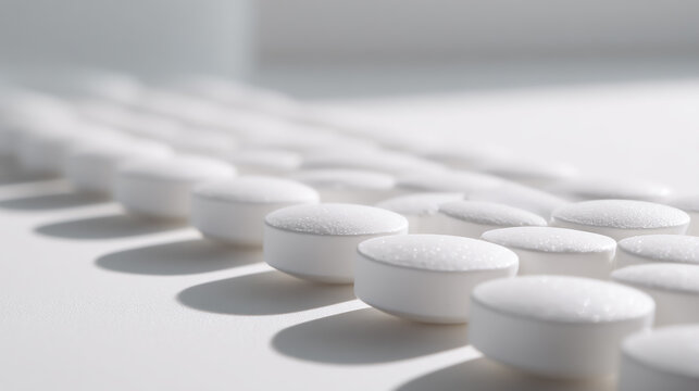 Close-up of acetaminophen pills neatly arranged on a clean white background, sharp focus, bright natural lighting, minimalistic medical concept, pharmaceutical pain relief medicine