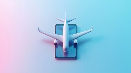 Fototapeta premium Airplane flat icon on modern smart mobile phone screen over gradient light blue background, Business transportation online concept