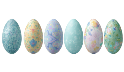 Pastel Floral Patterned Easter Eggs on Transparent Background