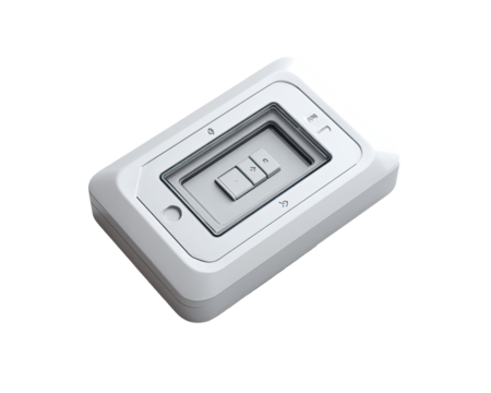 A white rectangular wall-mounted control unit.  Two small, rectangular switches are visible.  Compact design