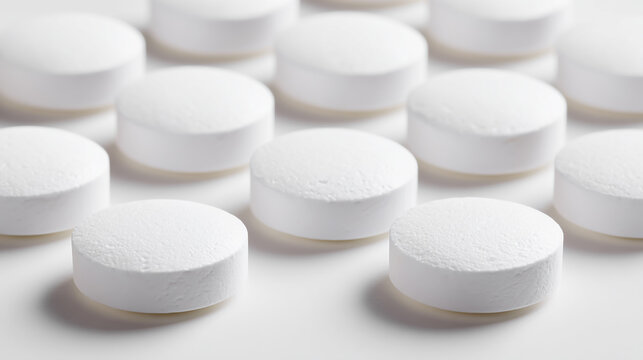 Close-up of acetaminophen pills neatly arranged on a clean white background, sharp focus, bright natural lighting, minimalistic medical concept, pharmaceutical pain relief medicine