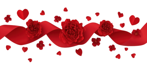 Red Roses and Hearts with Ribbon on Black Background