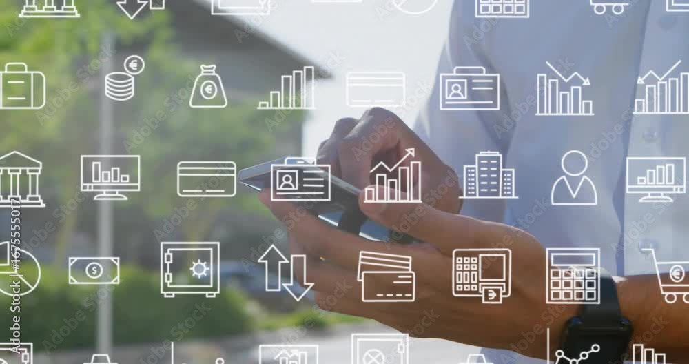 Poster man tapping smartphone browsing banking app causing line icons cycling through financial symbols