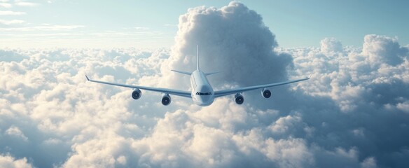 Airplane Soaring Through Fluffy White Clouds