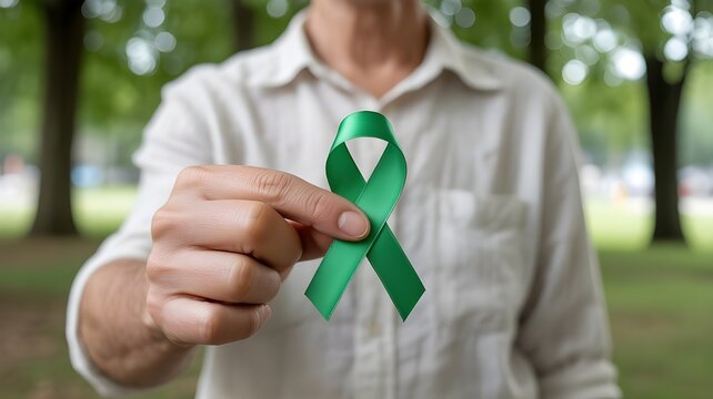 Woman holding green Ribbon for supporting people living and illness. Liver, Gallbladders bile duct, kidney Cancer and Lymphoma Awareness month concept