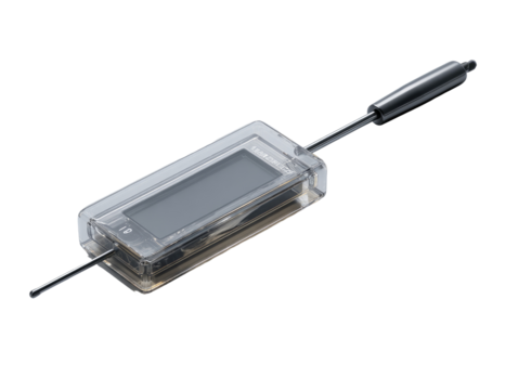 Clear plastic housing encases a digital display device, extending from a metallic rod