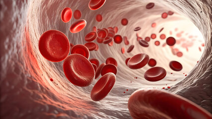 A microscopic 3D illustration of red blood cells, or erythrocytes, flowing through a blood vessel.