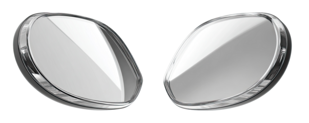 Two oval, reflective, chrome-like vehicle side mirrors