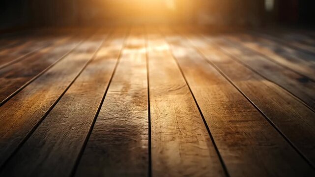 Warm sunlight streaming over a rustic wooden floor, creating a cozy atmosphere in a room