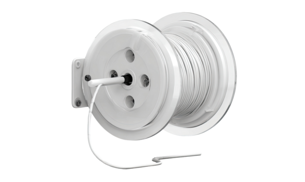 White reel with coiled wire.  Wall-mounted, circular design, simple