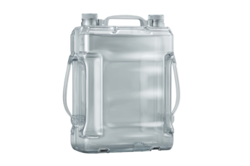 Transparent plastic container with handles.  A clear, rectangular, plastic container, likely for liquids or other substances.  It has two molded-in carrying handles.