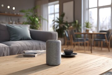Smart Speaker on Wooden Coffee Table in Sunny Living Room Scene