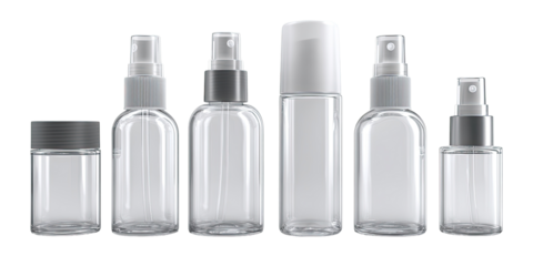 Clear plastic bottles and jars with spray tops