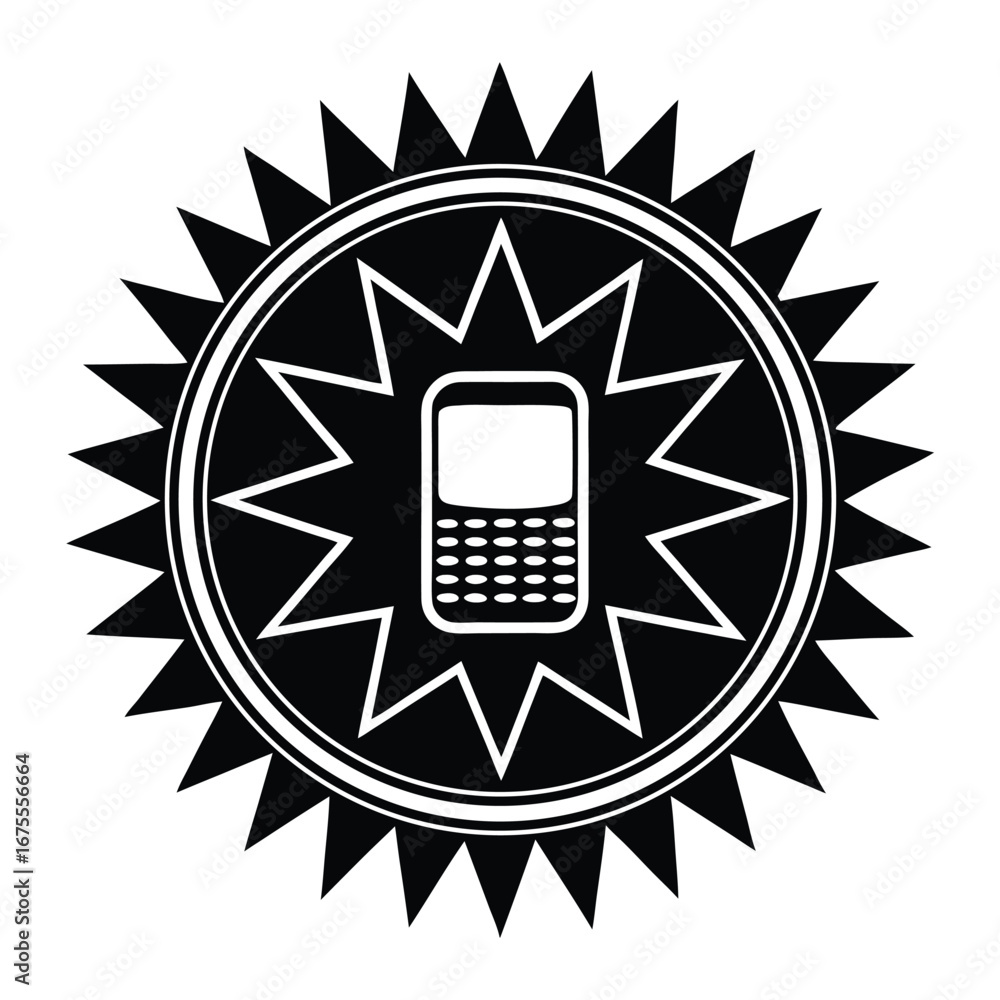 Poster old mobile phone with keypad icon in circle with starburst effect vector illustration design
