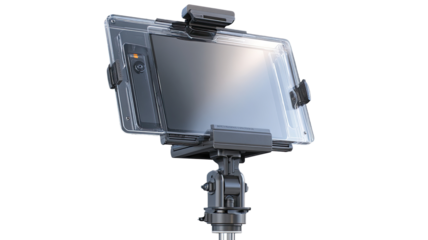 A tablet-style device, encased in a protective transparent shell, mounted on a tripod-like stand.  The screen displays a soft, bright light.  Supports for secure mounting are evident