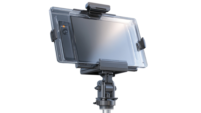 A tablet-style device, encased in a protective transparent shell, mounted on a tripod-like stand. The screen displays a soft, bright light. Supports for secure mounting are evident